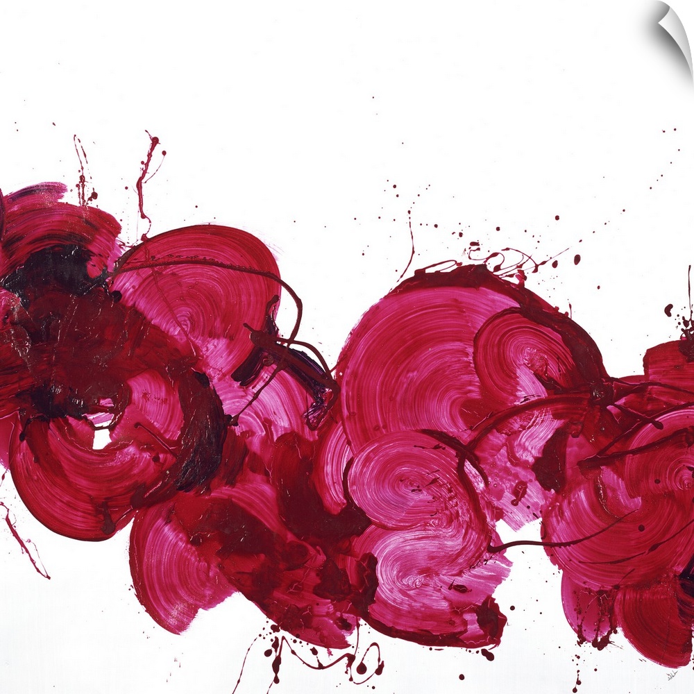Vibrant art of swirls of red paint running horizontally and fine spatters throughout.