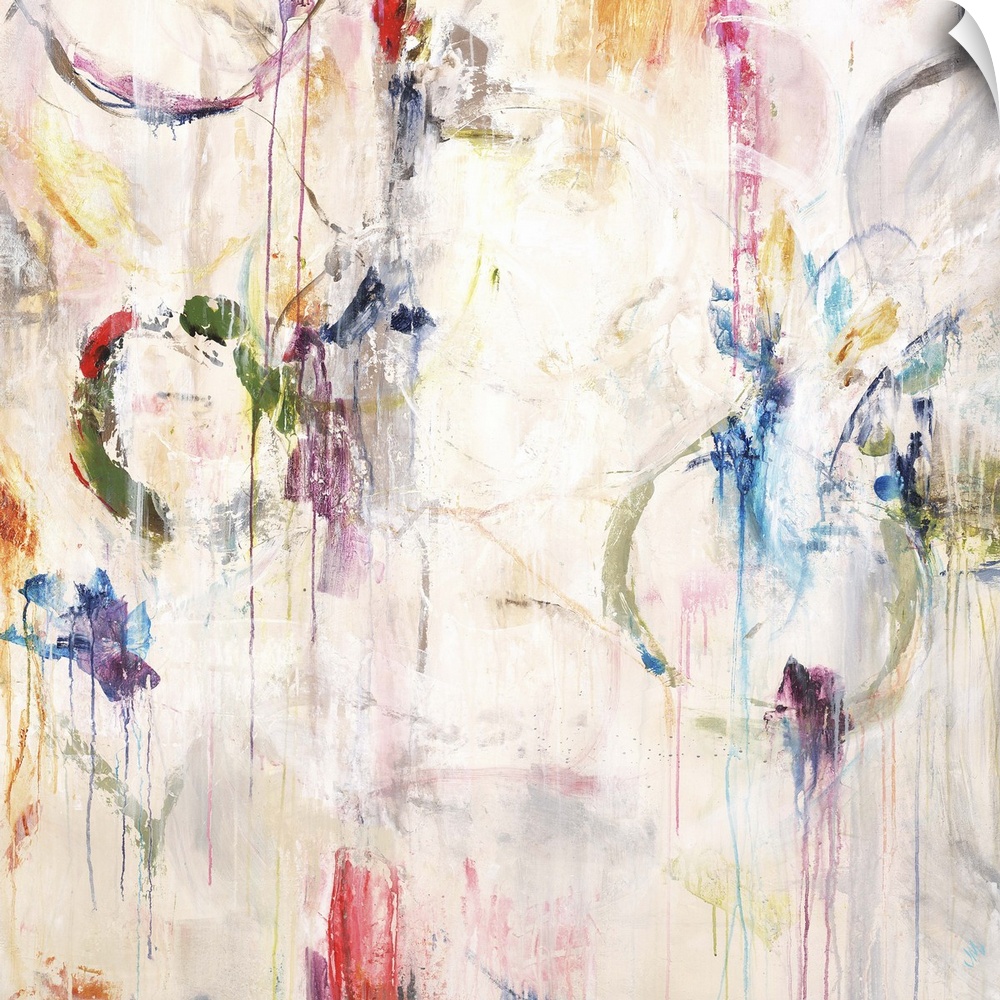 Contemporary abstract painting in white with pops of bright colors in splatters and rings.