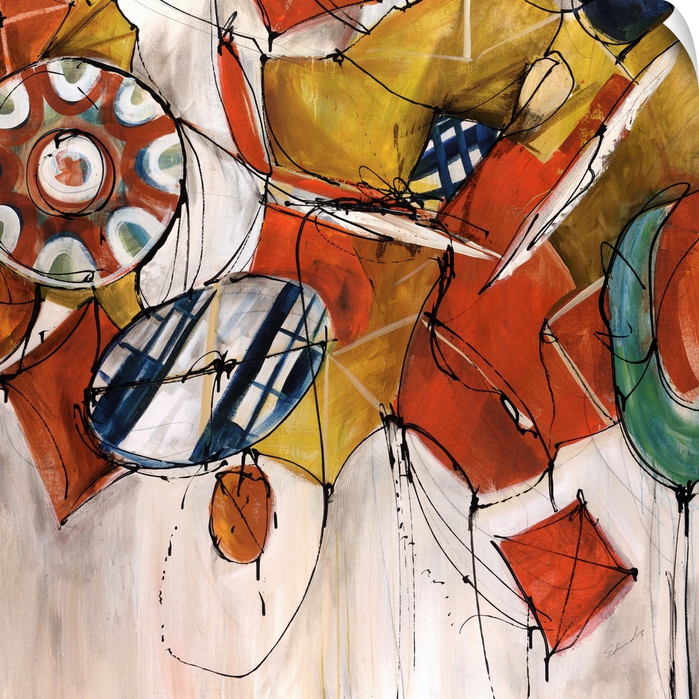 Abstract painting with warm color shapes and angles depicting the circus.