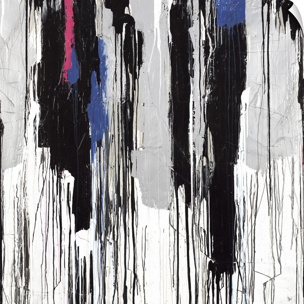 Square abstract art with dripping hues of gray, black, blue, and pink, starting thick at the top and thinning out towards ...