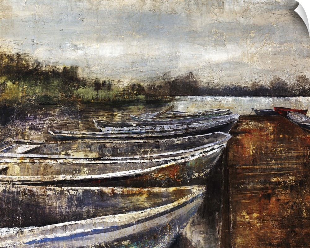 Landscape painting of several row boats lined up next to each other at a small dock, still water and a large hill can be s...