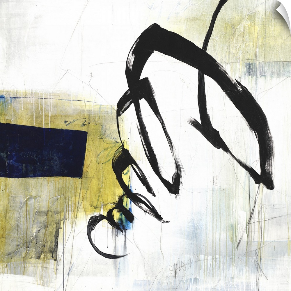 Square abstract in white, gray, blue, and yellow hues with a bold black squiggly line on top.