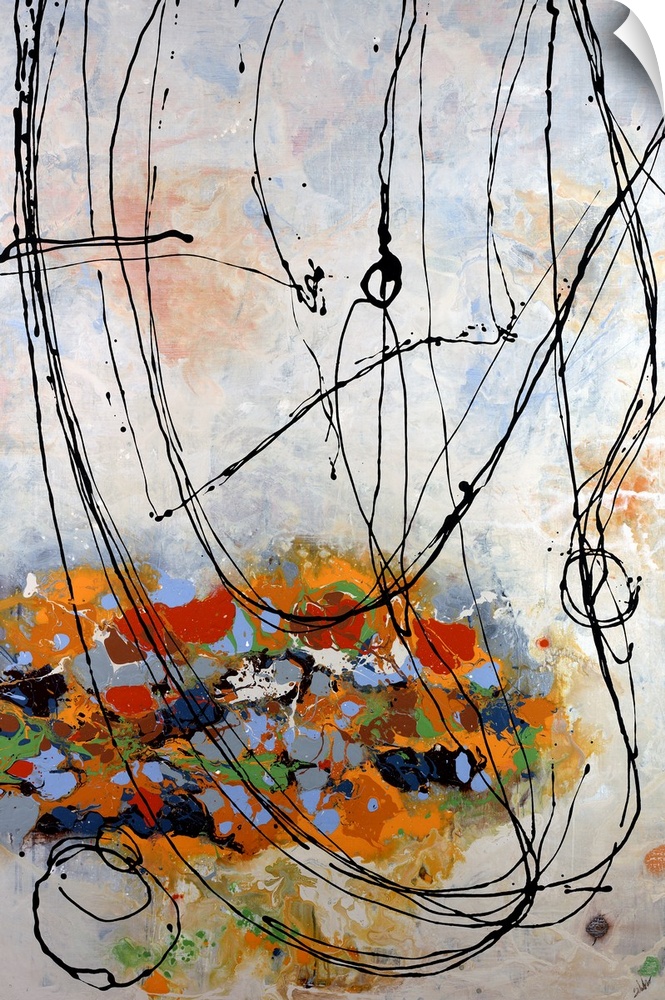Contemporary abstract painting with colorful overlapping paint daubs and circling ink scribbles.