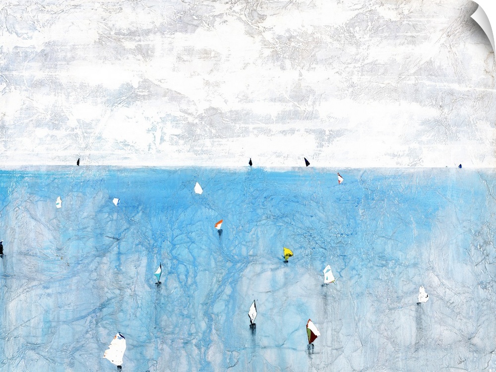 Contemporary abstract painting using pale colors to make a sea filled sailboats.