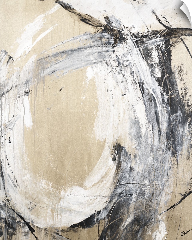Contemporary abstract painting with a bold black and white loopy brushstroke on a gold background.