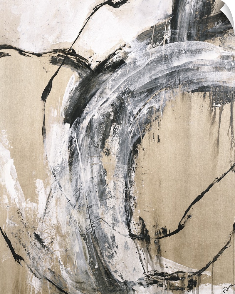 Large abstract painting with black and white thick, looped brushstrokes on a gold background.