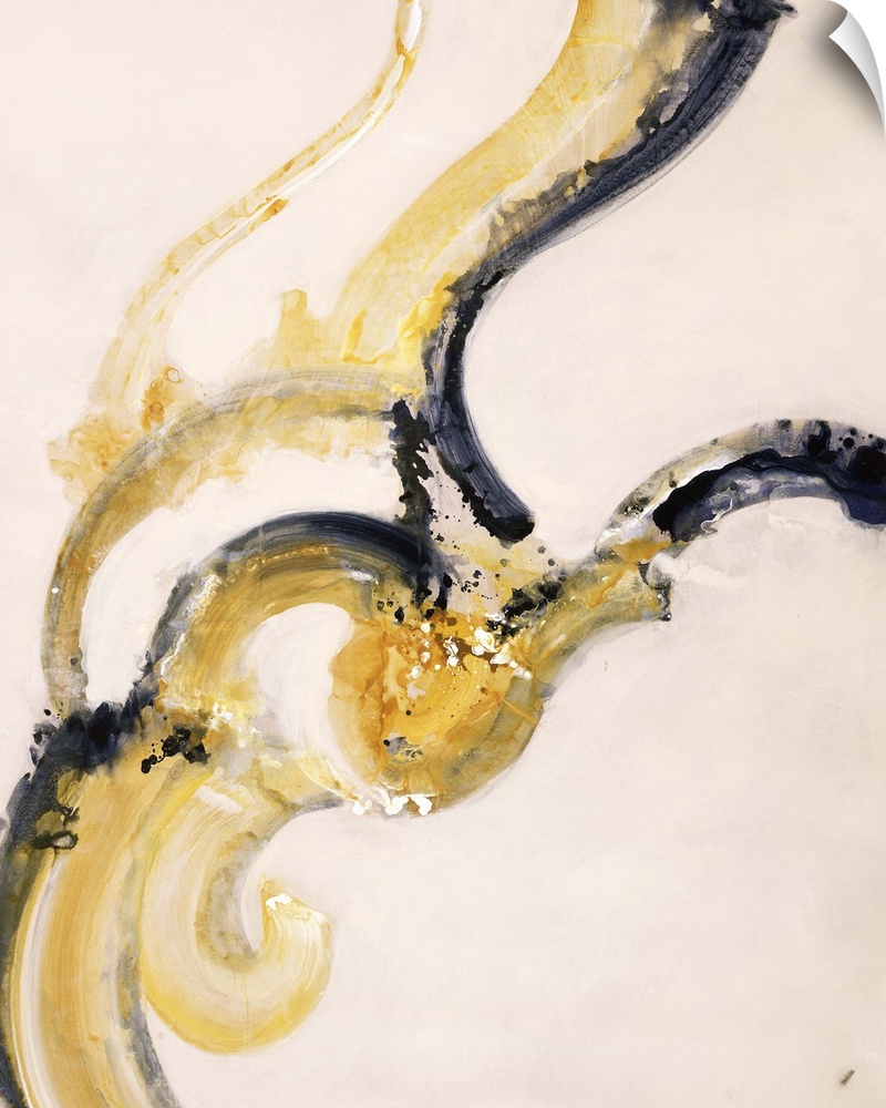 Abstract painting using yellow in a swirling motion with a harsh black stroke echoing it, against cream background.