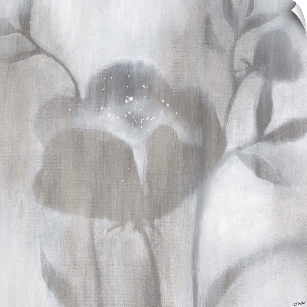Contemporary painting of neutral flowers and stems with softened edges that seem to fade into a lighter background.