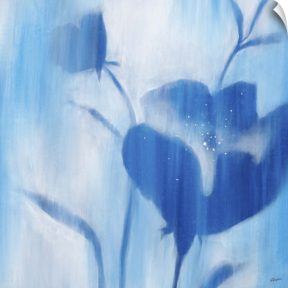 Contemporary painting of blue flowers and stems with softened edges that seem to fade into a lighter background.