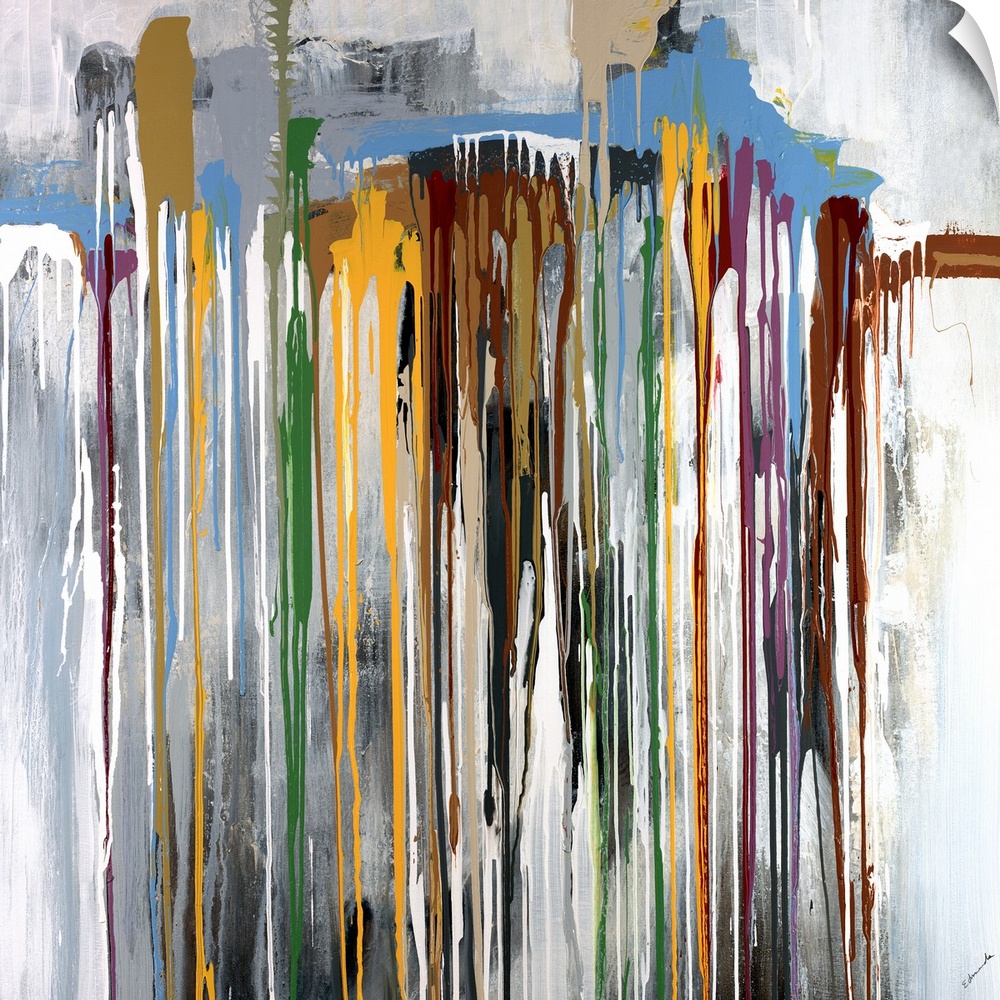 Contemporary abstract painting of dripping paint.  The paint trails are all different colors.