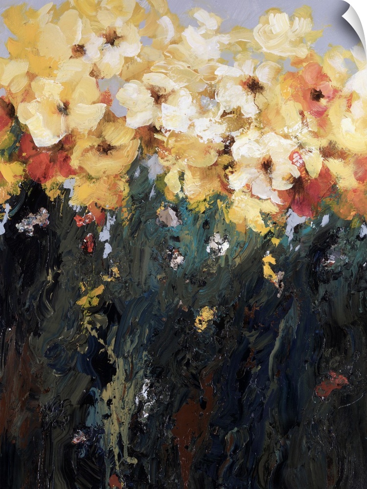 This is a contemporary painting of flowers created with a heavy application of paint that creates a muddy mix of texture t...