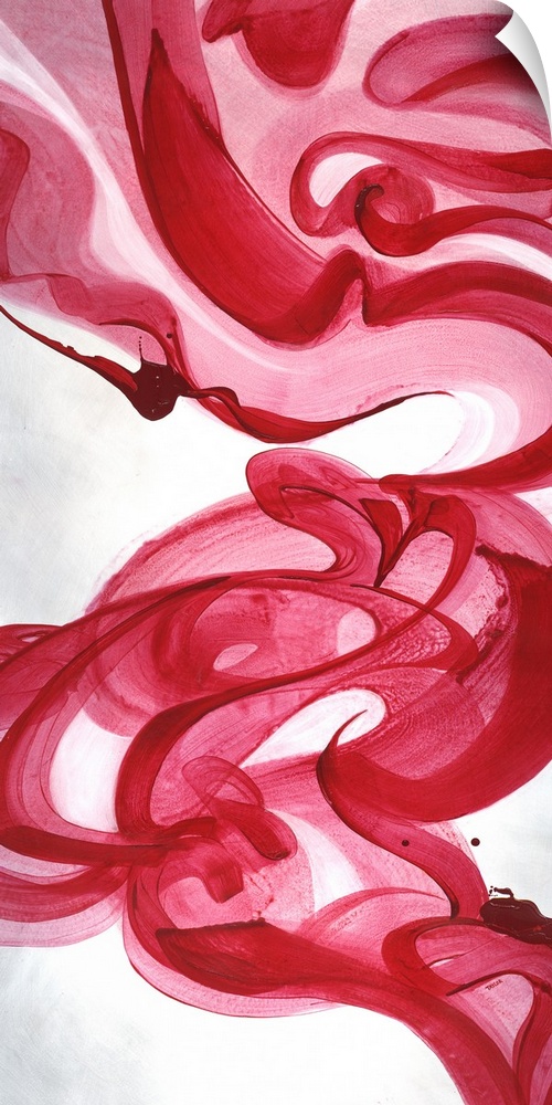 Abstract painting using vibrant red tones in swirling motions that look like smoke flowing gently through the air.