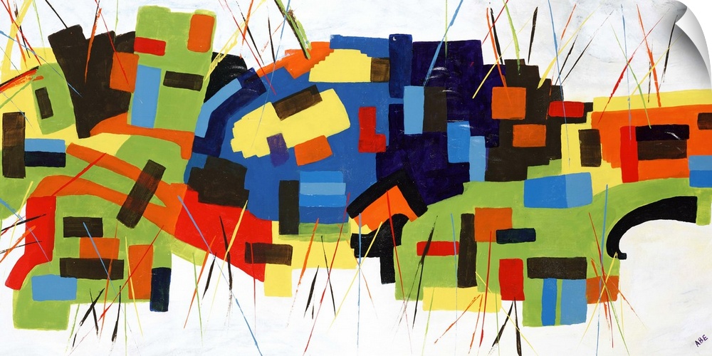 Contemporary abstract painting of a mosaic of colorful geometric shapes against a neutral background.