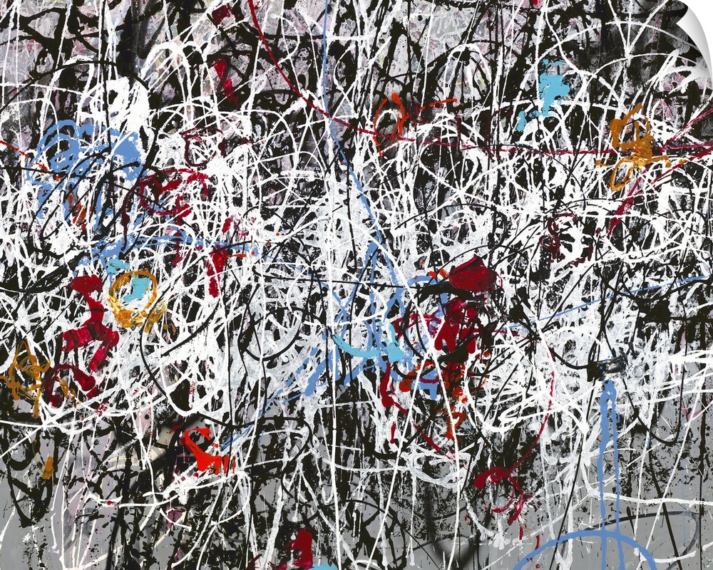 Large abstract painting created with thin lines of paint layered on top of each other in white, black, red, orange, and bl...