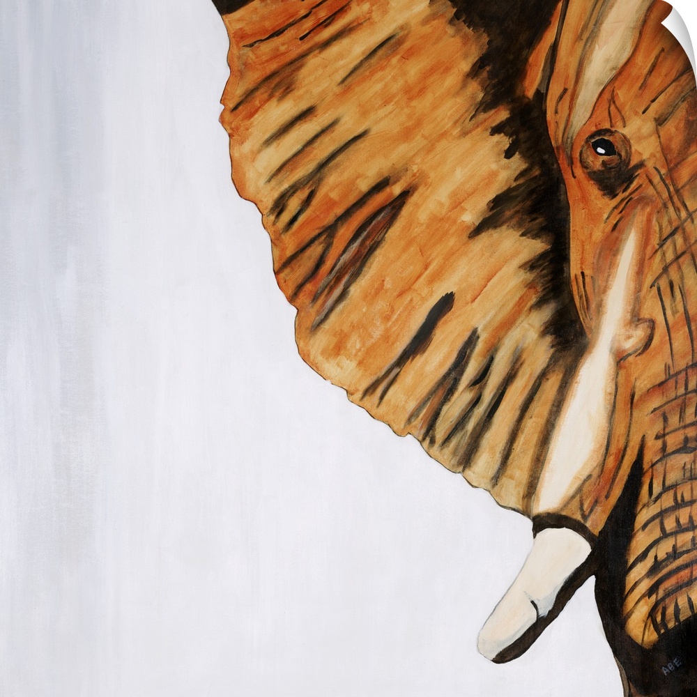 Square abstract painting of half of an elephants face created with orange, white, gray, and black hues.