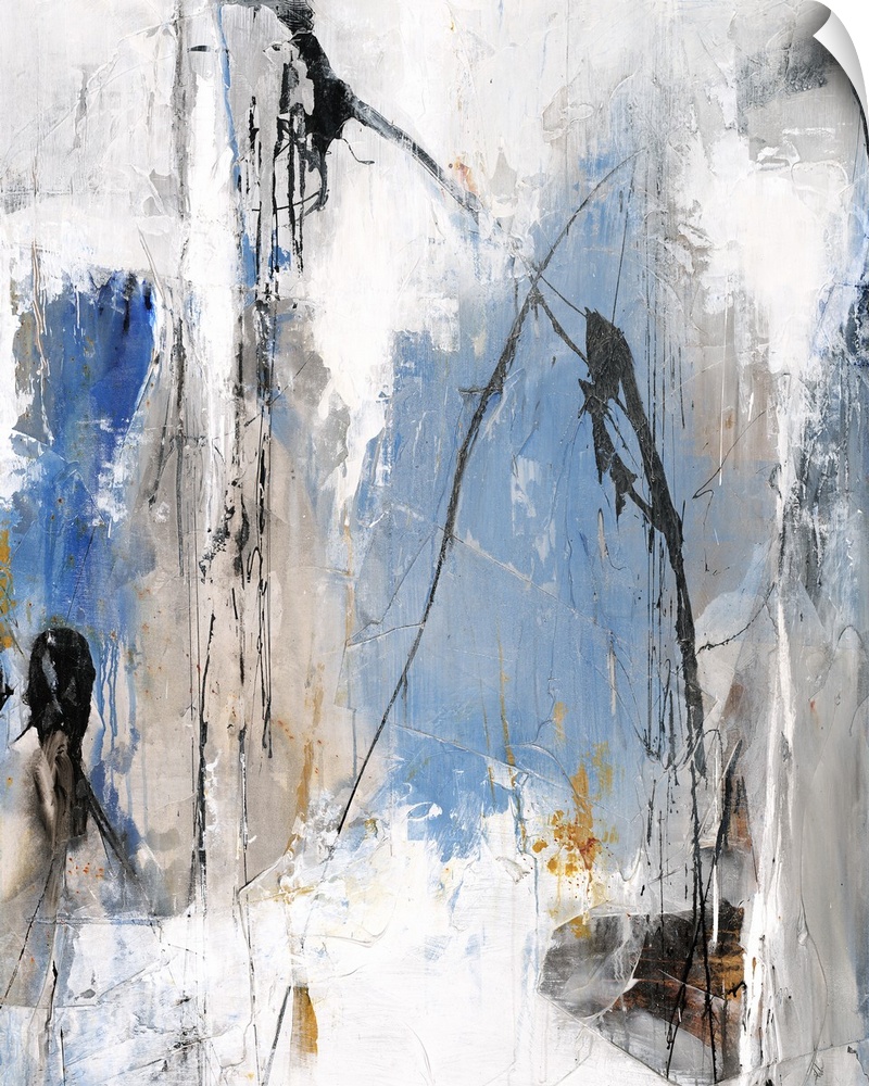 Contemporary abstract painting with white, gray, blue, and gold hues and thin black lines on top with dripping paint.