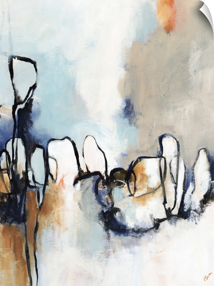 Contemporary abstract painting using dark dripping blue against a neutral background with organic shapes.