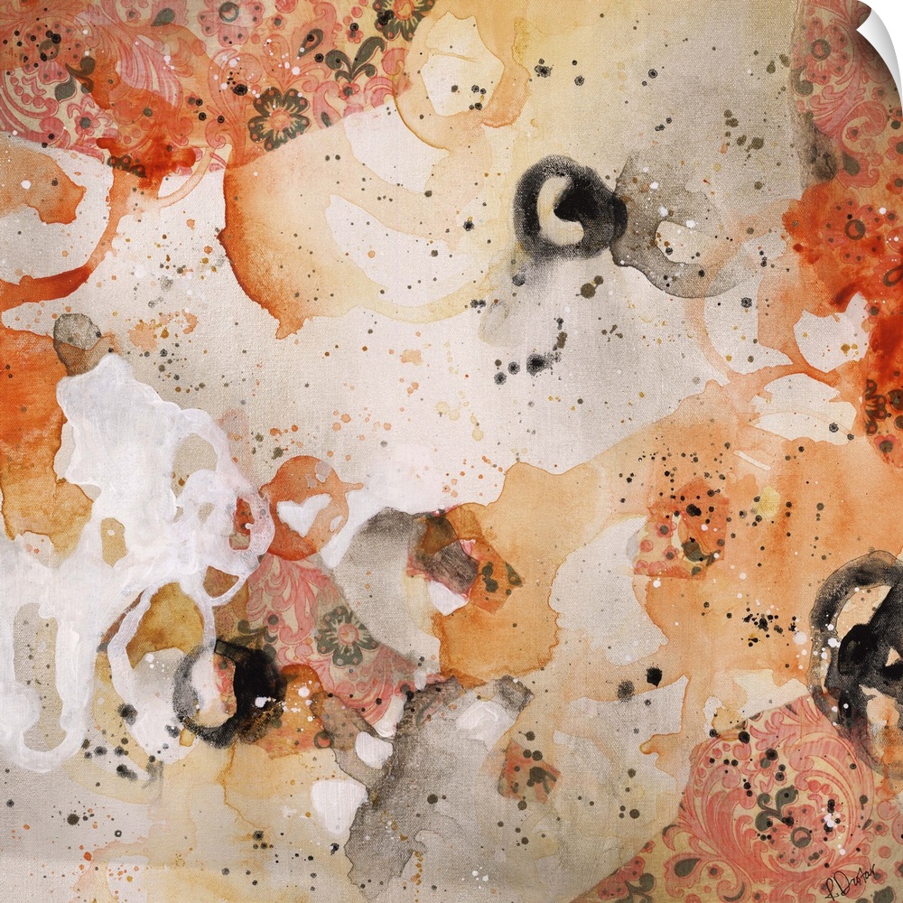 Abstract painting using bright orange tones in splashes and splatters, almost looking like flowers.