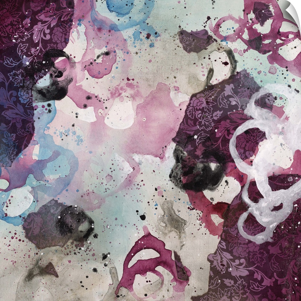 Abstract painting using bright purple tones in splashes and splatters, almost looking like flowers.