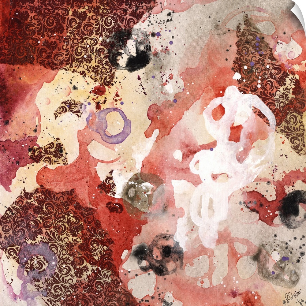Abstract painting using bright red tones in splashes and splatters, almost looking like flowers.