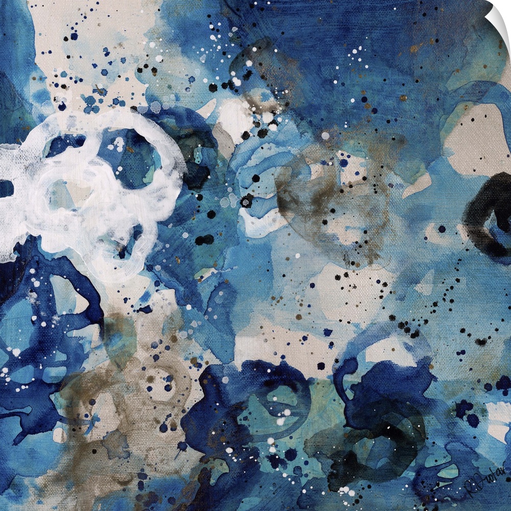 Abstract painting using bright blue tones in splashes and splatters, almost looking like flowers.