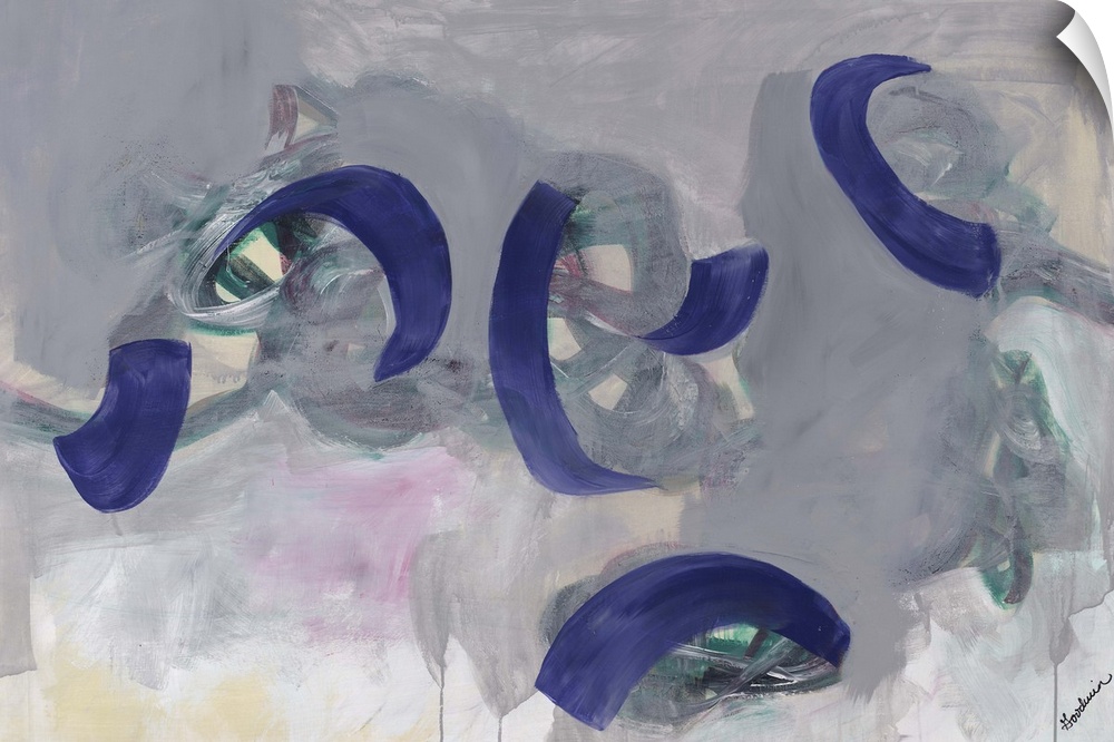Contemporary abstract painting of purple paint strokes against a multi-gray toned background.