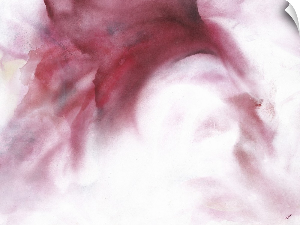 Large artwork of a swooping red mist fading to white.