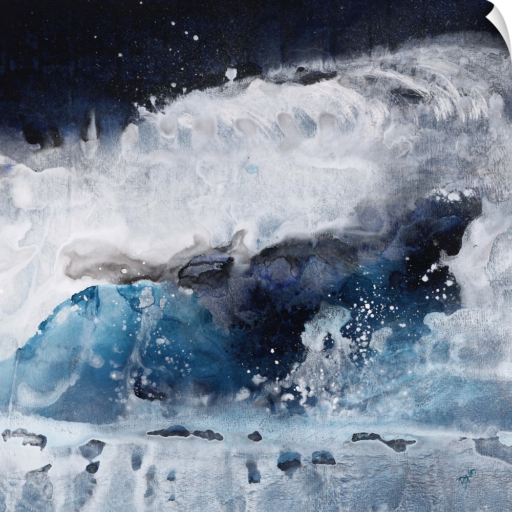 Contemporary abstract painting of what looks like crashing blue and white waves of ocean water.