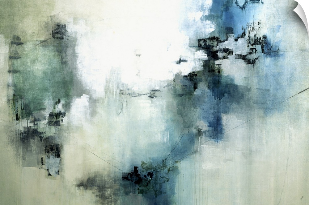 Large abstract painting in shades of blue and green with pops of contrasting black and white.