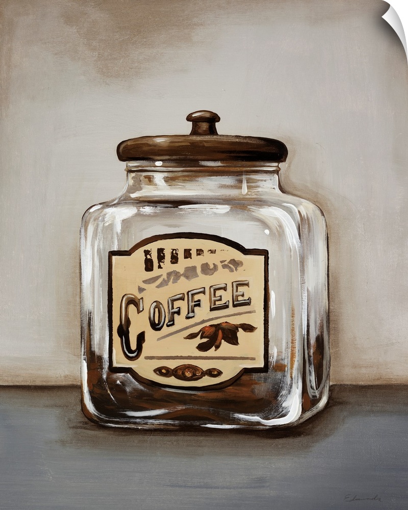 Painting in neutral tones of a clear glass storage jar with a vintage coffee label on the front, sitting on a bare counter...