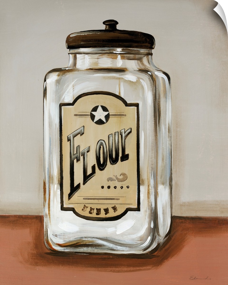 Painting of a partially full clear glass storage jar with a vintage flour label on the front, sitting on a bare counter in...