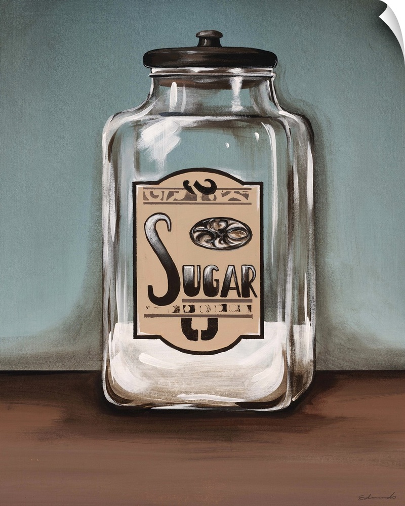 Contemporary painting of a glass jar with sugar in it sitting on a table surface.