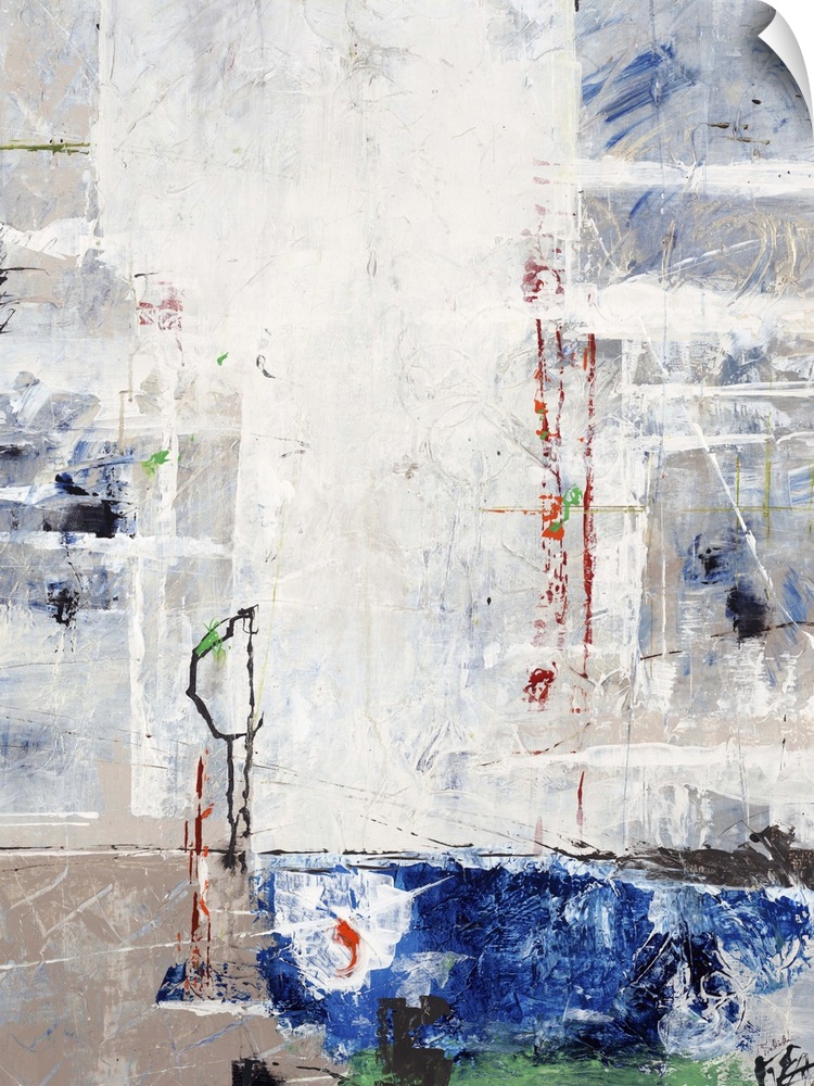 Contemporary abstract painting using primary and neutral colors in weathered textures.