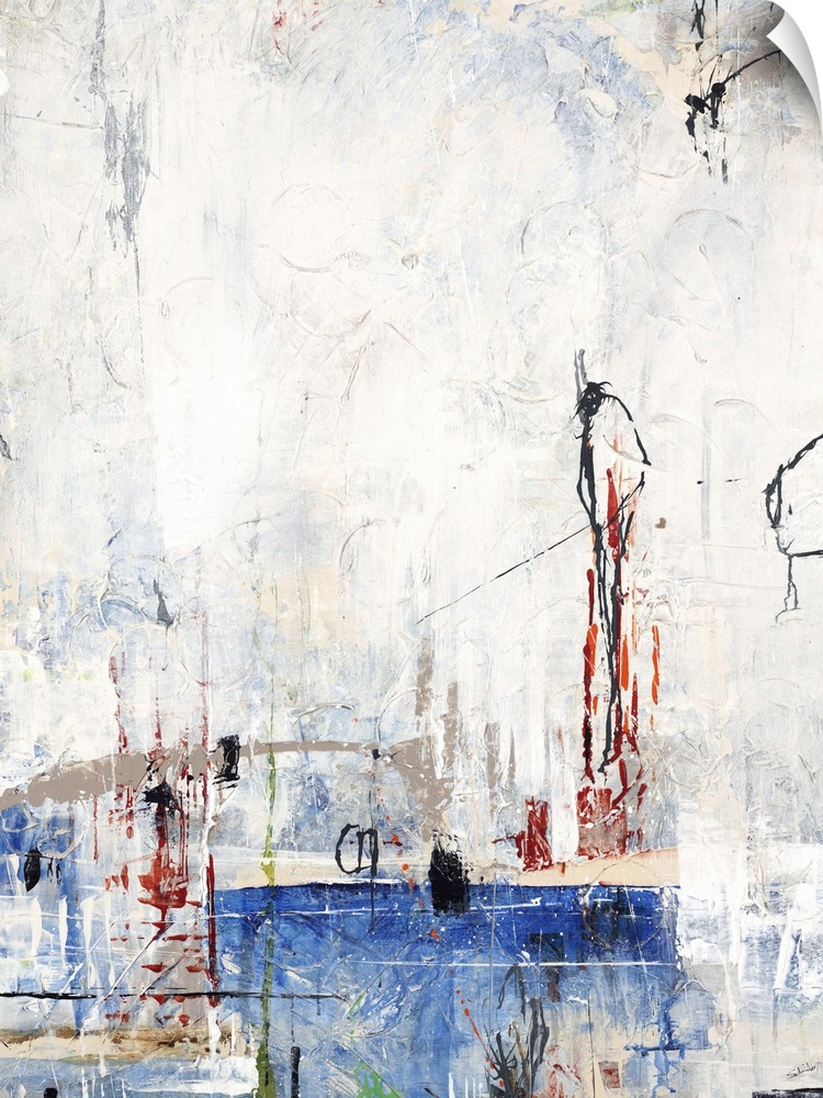 Contemporary abstract painting using primary and neutral colors in weathered textures.
