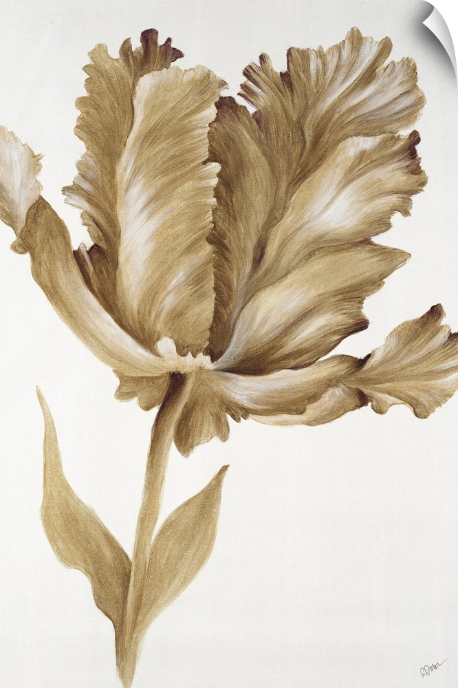 A painting of a single tulip in metallic gold.