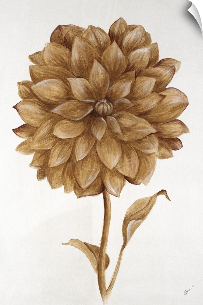 A painting of a single dahlia in metallic gold.