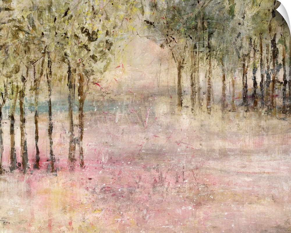 Contemporary painting of trees lining a a clearing in shades of pale pink.