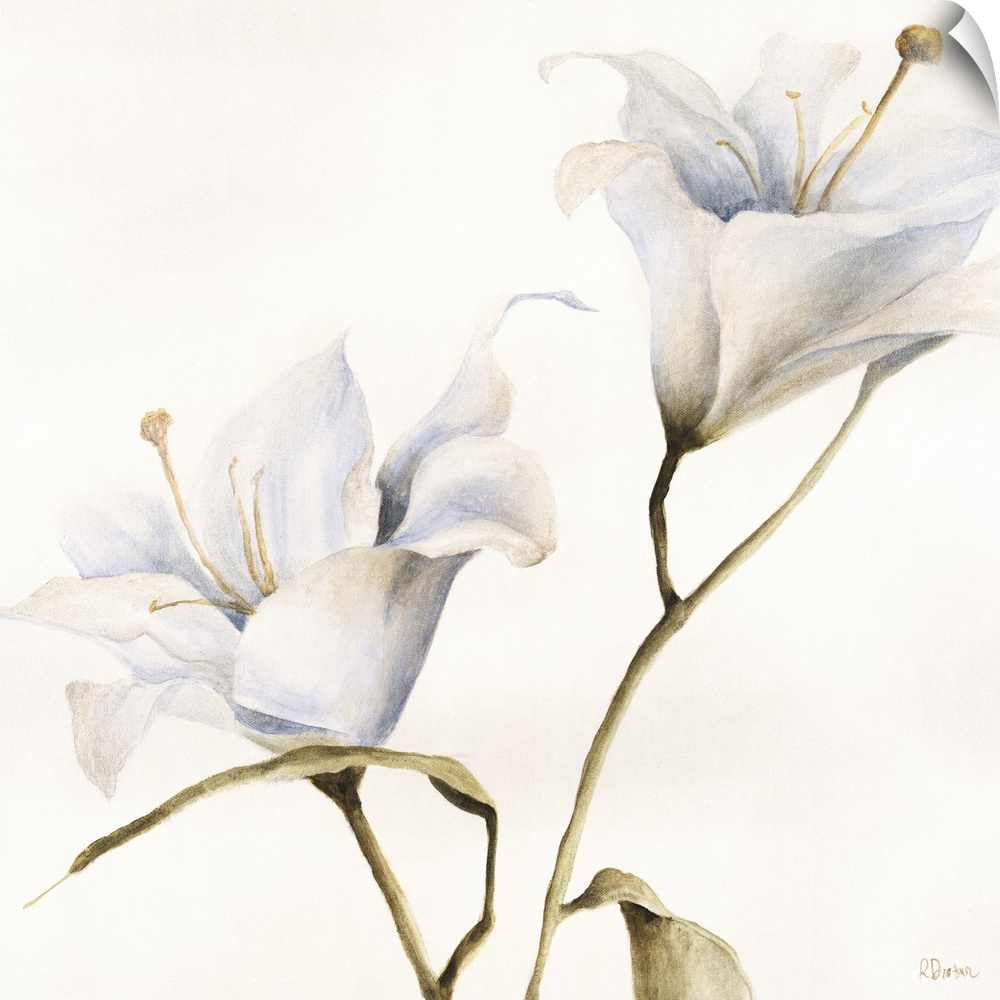 Contemporary painting of a white flower on a leafy stem.