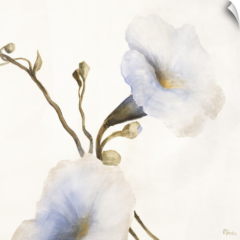 Contemporary painting of a white flower on a stem with buds.
