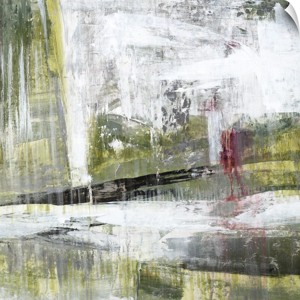 Contemporary abstract painting using weathered and faded dark green and splattered and smeared white.