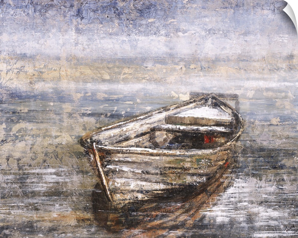 Contemporary painting of a row boat on dark water.