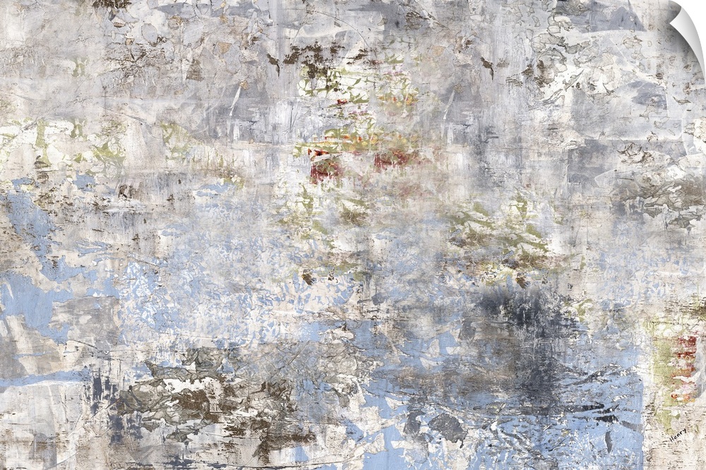 Abstract painting of a textured design in shades of white and light gray with accents of gold throughout.