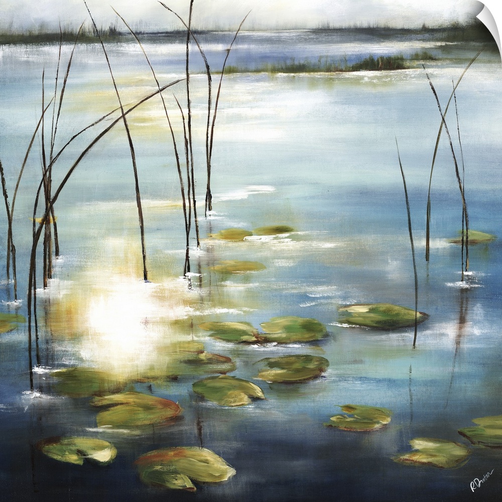Contemporary painting of lily pads in a pond with the sun reflecting on the water.