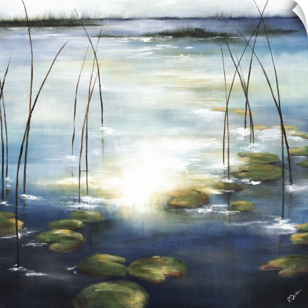 Contemporary painting of lily pads in a pond with the sun reflecting on the water.