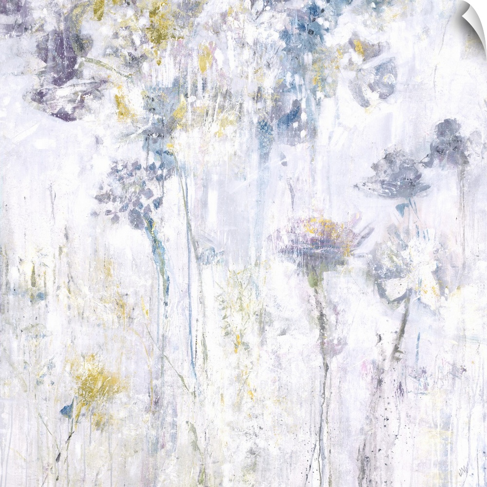 Square abstract floral painting in shades of gray, yellow and blue.