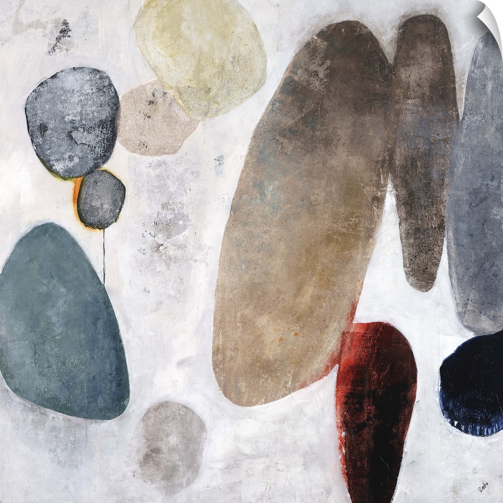 Contemporary painting of a cluster of rocks in various sizes and colors, on a light background with a white washed appeara...