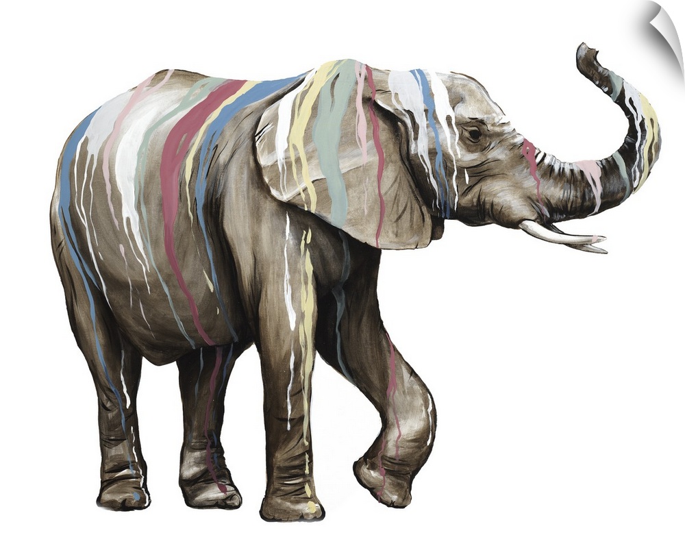 Artwork of an elephant covered with multiple colors of paint dripping down it's body.
