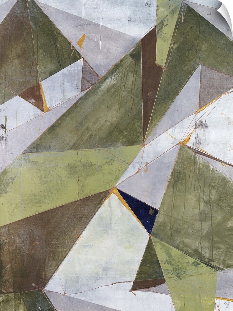 Abstract painting of overlapping triangular shapes in neutral and earth tones, randomly placed and textured with lines and...