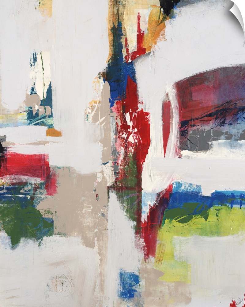 Large abstract artwork with bright red, orange, blue, and green hues sectioned out and surrounded by mostly neutral colors.