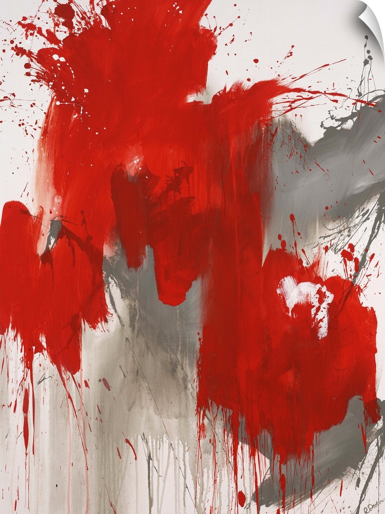 Contemporary abstract painting of a giant red splash of paint smeared and splattered against a neutral background.
